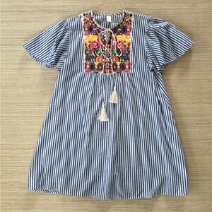 No brand blue striped embroidered flutter sleeve tunic mini dress women’s L